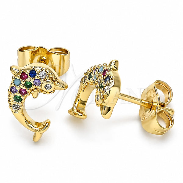 Oro Laminado Stud Earring, Gold Filled Style Dolphin Design, with Multicolor Micro Pave, Polished, Golden Finish, 02.344.0064.2