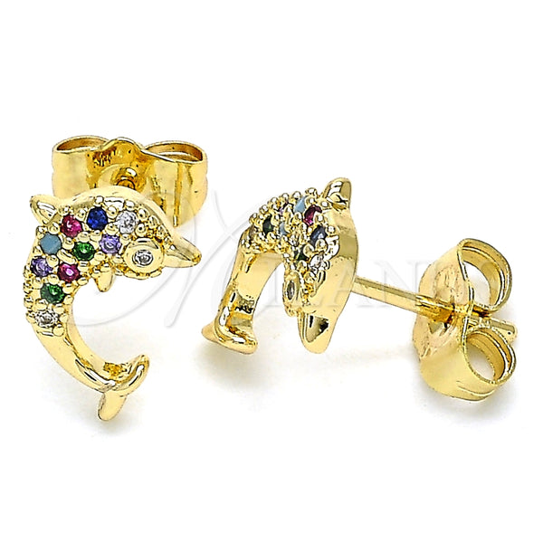Oro Laminado Stud Earring, Gold Filled Style Dolphin Design, with Multicolor Micro Pave, Polished, Golden Finish, 02.344.0064.2