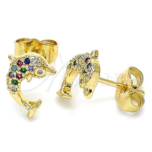 Oro Laminado Stud Earring, Gold Filled Style Dolphin Design, with Multicolor Micro Pave, Polished, Golden Finish, 02.344.0064.2