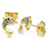 Oro Laminado Stud Earring, Gold Filled Style Dolphin Design, with Multicolor Micro Pave, Polished, Golden Finish, 02.344.0064.2