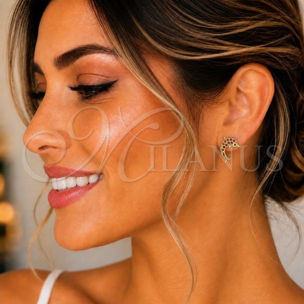 Oro Laminado Stud Earring, Gold Filled Style Dolphin Design, with Garnet Micro Pave, Polished, Golden Finish, 02.344.0064.1