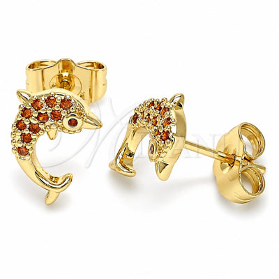 Oro Laminado Stud Earring, Gold Filled Style Dolphin Design, with Garnet Micro Pave, Polished, Golden Finish, 02.344.0064.1