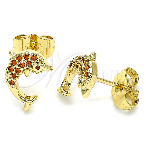 Oro Laminado Stud Earring, Gold Filled Style Dolphin Design, with Garnet Micro Pave, Polished, Golden Finish, 02.344.0064.1