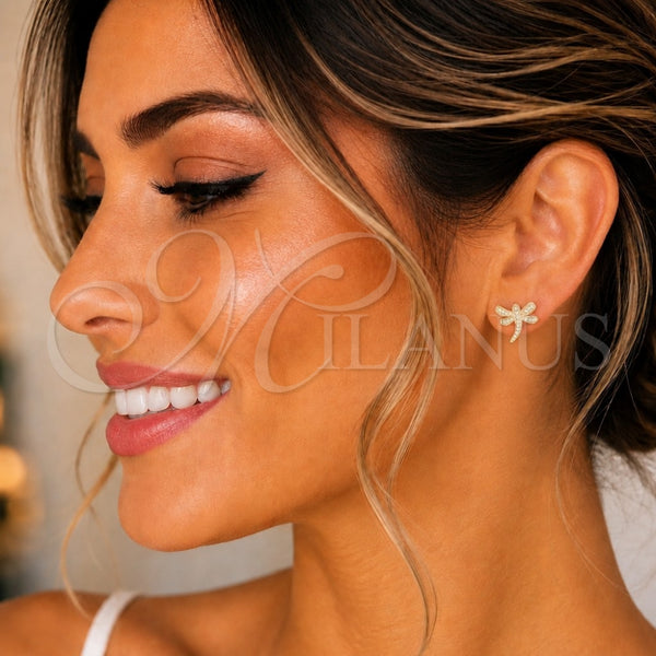Oro Laminado Stud Earring, Gold Filled Style Dragon-Fly Design, with White Micro Pave, Polished, Golden Finish, 02.344.0065