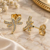 Oro Laminado Stud Earring, Gold Filled Style Dragon-Fly Design, with White Micro Pave, Polished, Golden Finish, 02.344.0065