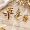 Oro Laminado Stud Earring, Gold Filled Style Dragon-Fly Design, with Garnet Micro Pave, Polished, Golden Finish, 02.344.0065.1