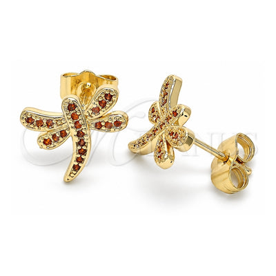 Oro Laminado Stud Earring, Gold Filled Style Dragon-Fly Design, with Garnet Micro Pave, Polished, Golden Finish, 02.344.0065.1