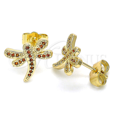 Oro Laminado Stud Earring, Gold Filled Style Dragon-Fly Design, with Garnet Micro Pave, Polished, Golden for wholesale, main product view