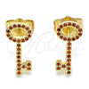 Oro Laminado Stud Earring, Gold Filled Style key Design, with Garnet Micro Pave, Polished, Golden Finish, 02.344.0066.1