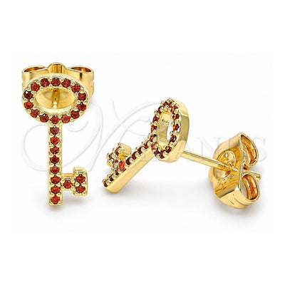Oro Laminado Stud Earring, Gold Filled Style key Design, with Garnet Micro Pave, Polished, Golden Finish, 02.344.0066.1