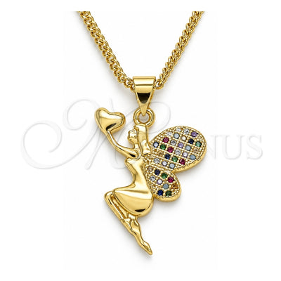 Oro Laminado Pendant Necklace, Gold Filled Style Angel and Heart Design, with Multicolor Micro Pave, Polished, Golden Finish, 04.344.0028.2.20 (02 MM Thickness, 20 Inches Length)