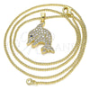 Oro Laminado Pendant Necklace, Gold Filled Style Dolphin Design, with White and Sapphire Blue Micro Pave, Polished, Golden Finish, 04.344.0030.20 (02 MM Thickness, 20 Inches Length)