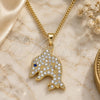 Oro Laminado Pendant Necklace, Gold Filled Style Dolphin Design, with White and Sapphire Blue Micro Pave, Polished, Golden Finish, 04.344.0030.20 (02 MM Thickness, 20 Inches Length)