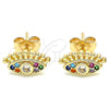 Oro Laminado Stud Earring, Gold Filled Style Evil Eye Design, with Multicolor Micro Pave, Polished, Golden Finish, 02.210.0415