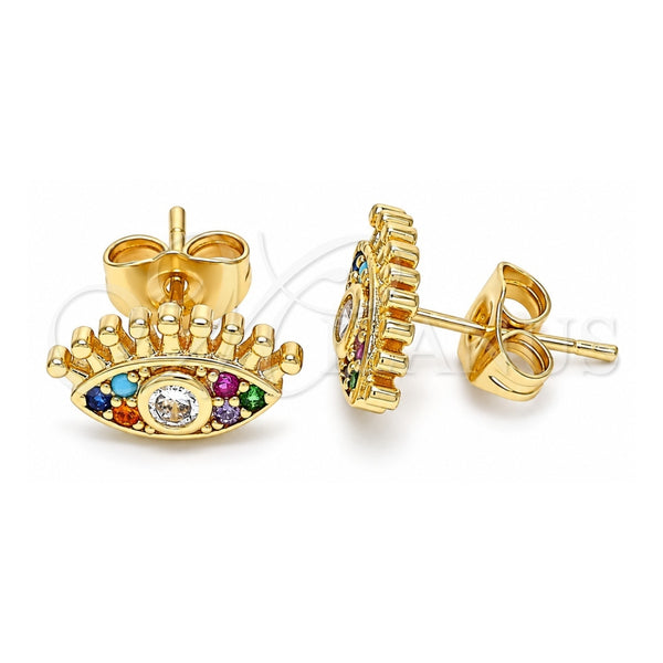 Oro Laminado Stud Earring, Gold Filled Style Evil Eye Design, with Multicolor Micro Pave, Polished, Golden Finish, 02.210.0415