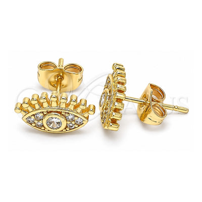Oro Laminado Stud Earring, Gold Filled Style Evil Eye Design, with White Micro Pave, Polished, Golden Finish, 02.210.0415.1