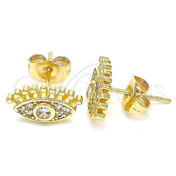 Oro Laminado Stud Earring, Gold Filled Style Evil Eye Design, with White Micro Pave, Polished, Golden Finish, 02.210.0415.1
