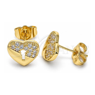 Oro Laminado Stud Earring, Gold Filled Style Heart Design, with White Micro Pave, Polished, Golden Finish, 02.210.0416