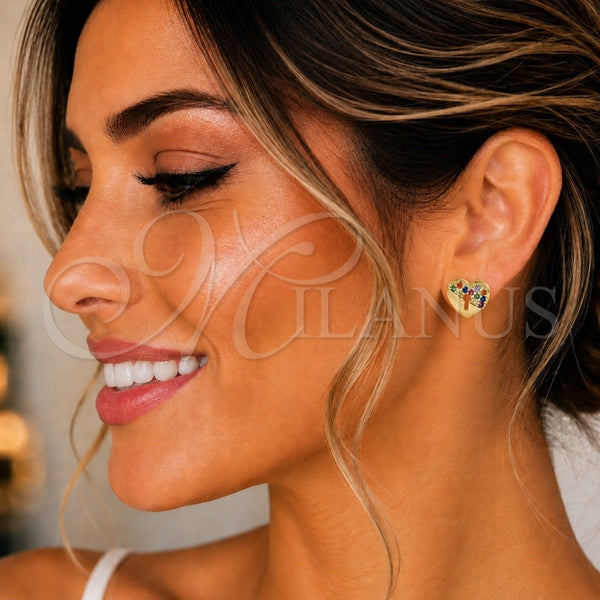 Oro Laminado Stud Earring, Gold Filled Style Heart Design, with Multicolor Micro Pave, Polished, Golden Finish, 02.210.0416.1
