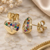 Oro Laminado Stud Earring, Gold Filled Style Heart Design, with Multicolor Micro Pave, Polished, Golden Finish, 02.210.0416.1