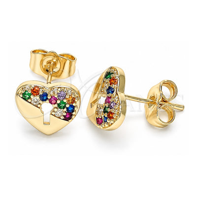 Oro Laminado Stud Earring, Gold Filled Style Heart Design, with Multicolor Micro Pave, Polished, Golden Finish, 02.210.0416.1