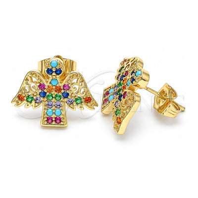 Oro Laminado Stud Earring, Gold Filled Style Angel Design, with Multicolor Cubic Zirconia, Polished, Golden Finish, 02.210.0418.1