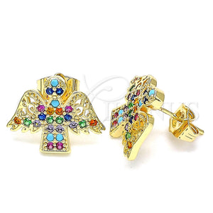 Oro Laminado Stud Earring, Gold Filled Style Angel Design, with Multicolor Cubic Zirconia, Polished, Golden Finish, 02.210.0418.1