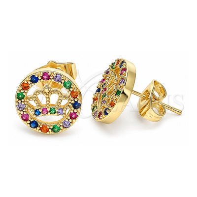 Oro Laminado Stud Earring, Gold Filled Style Crown Design, with Multicolor Micro Pave, Polished, Golden Finish, 02.210.0419.1