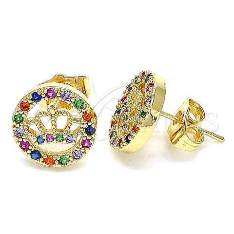 Oro Laminado Stud Earring, Gold Filled Style Crown Design, with Multicolor Micro Pave, Polished, Golden Finish, 02.210.0419.1