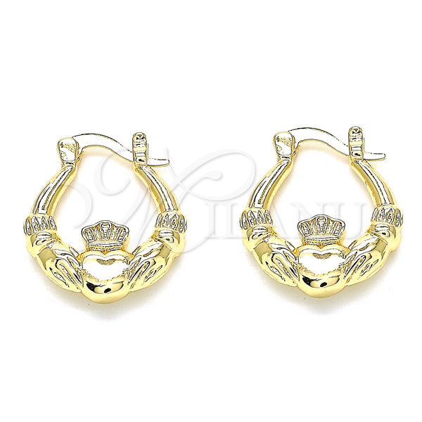 Gold Filled Hoop Earrings — Small Hoop Heart and Crown Design Polished 02. — main product view — SKU 135128 | Oro Laminado aretes de aro — Small Hoop corazón and Crown diseño pulido 02. — SKU 135128