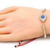 Oro Laminado Adjustable Bolo Bracelet, Gold Filled Style Evil Eye and Ball Design, with White Micro Pave, Blue Enamel Finish, Golden Finish, 03.299.0061.11 (04 MM Thickness, 11 Inches Length)