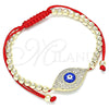 Oro Laminado Adjustable Bolo Bracelet, Gold Filled Style Evil Eye and Ball Design, with White Micro Pave, Blue Enamel Finish, Golden Finish, 03.299.0061.11 (04 MM Thickness, 11 Inches Length)