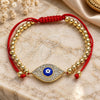 Oro Laminado Adjustable Bolo Bracelet, Gold Filled Style Evil Eye and Ball Design, with White Micro Pave, Blue Enamel Finish, Golden Finish, 03.299.0061.11 (04 MM Thickness, 11 Inches Length)
