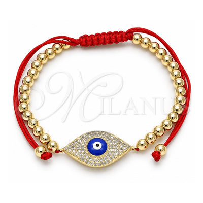 Oro Laminado Adjustable Bolo Bracelet, Gold Filled Style Evil Eye and Ball Design, with White Micro Pave, Blue Enamel Finish, Golden Finish, 03.299.0061.11 (04 MM Thickness, 11 Inches Length)