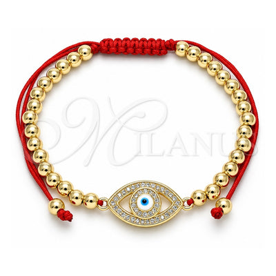 Oro Laminado Adjustable Bolo Bracelet, Gold Filled Style Evil Eye and Ball Design, with White Micro Pave, White Enamel Finish, Golden Finish, 03.299.0062.11 (04 MM Thickness, 11 Inches Length)