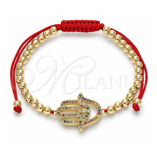 Oro Laminado Adjustable Bolo Bracelet, Gold Filled Style Hand of God and Ball Design, with Multicolor Micro Pave, Polished, Golden Finish, 03.299.0063.11 (04 MM Thickness, 11 Inches Length)