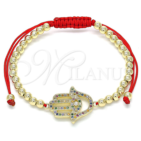 Oro Laminado Adjustable Bolo Bracelet, Gold Filled Style Hand of God and Ball Design, with Multicolor Micro Pave, Polished, Golden Finish, 03.299.0063.11 (04 MM Thickness, 11 Inches Length)