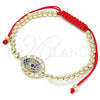 Oro Laminado Adjustable Bolo Bracelet, Gold Filled Style Evil Eye and Ball Design, with Multicolor Micro Pave, Polished, Golden Finish, 03.299.0064.11 (04 MM Thickness, 11 Inches Length)