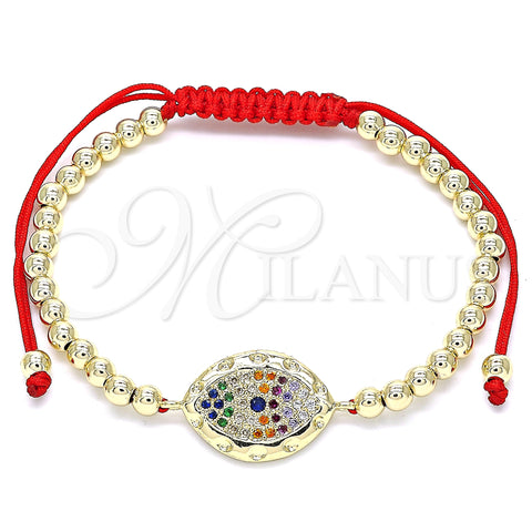 Oro Laminado Adjustable Bolo Bracelet, Gold Filled Style Evil Eye and Ball Design, with Multicolor Micro Pave, Polished, Golden Finish, 03.299.0064.11 (04 MM Thickness, 11 Inches Length)