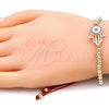 Oro Laminado Adjustable Bolo Bracelet, Gold Filled Style Hand of God and Ball Design, with Multicolor Micro Pave, White Enamel Finish, Golden Finish, 03.299.0065.11 (04 MM Thickness, 11 Inches Length)