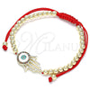 Oro Laminado Adjustable Bolo Bracelet, Gold Filled Style Hand of God and Ball Design, with Multicolor Micro Pave, White Enamel Finish, Golden Finish, 03.299.0065.11 (04 MM Thickness, 11 Inches Length)