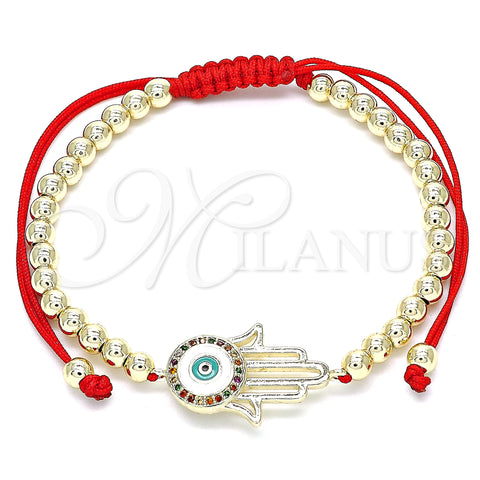 Oro Laminado Adjustable Bolo Bracelet, Gold Filled Style Hand of God and Ball Design, with Multicolor Micro Pave, White Enamel Finish, Golden Finish, 03.299.0065.11 (04 MM Thickness, 11 Inches Length)