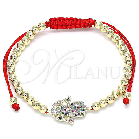 Oro Laminado Adjustable Bolo Bracelet, Gold Filled Style Hand of God and Ball Design, with Multicolor Micro Pave, Polished, Golden Finish, 03.299.0067.11 (04 MM Thickness, 11 Inches Length)