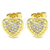 Oro Laminado Stud Earring, Gold Filled Style Heart Design, with White Micro Pave, Polished, Golden Finish, 02.210.0420
