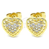 Oro Laminado Stud Earring, Gold Filled Style Heart Design, with White Micro Pave, Polished, Golden Finish, 02.210.0420