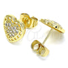 Oro Laminado Stud Earring, Gold Filled Style Heart Design, with White Micro Pave, Polished, Golden Finish, 02.210.0420