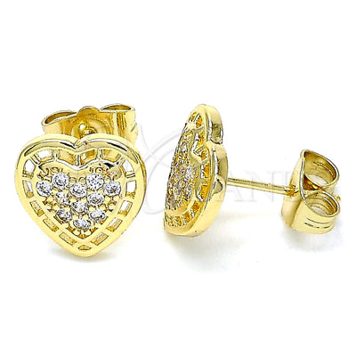 Oro Laminado Stud Earring, Gold Filled Style Heart Design, with White Micro Pave, Polished, Golden Finish for wholesale, main product view
