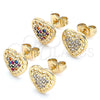 Oro Laminado Stud Earring, Gold Filled Style Heart Design, with White Micro Pave, Polished, Golden Finish, 02.210.0420