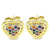 Oro Laminado Stud Earring, Gold Filled Style Heart Design, with Multicolor Micro Pave, Polished, Golden Finish, 02.210.0420.1