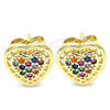 Oro Laminado Stud Earring, Gold Filled Style Heart Design, with Multicolor Micro Pave, Polished, Golden Finish, 02.210.0420.1